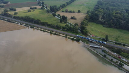 Train Passing Through Flooded Fields. Floods in Olomouc, Czech republic. 