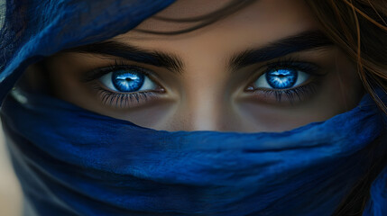 Fototapeta premium A woman with blue eyes is shown in a close-up, wearing a blue scarf that covers her face