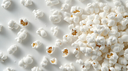 Crispy popcorn scattered on white surface, creating playful texture
