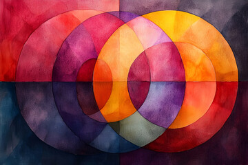 Obraz premium A vibrant abstract composition featuring overlapping circles in shades of red, purple, and yellow, creating a harmonious blend of colors and shapes.