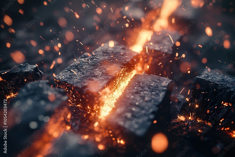 Poster captivating glow of lava rocks erupting with sparks and radiance in a fiery display