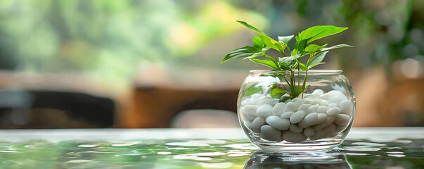 A minimalist arrangement featuring a small green plant placed in a clear glass vase filled with white stones, evoking a serene and elegant natural decor setting.