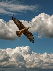 Naklejka premium Majestic bird soaring in a blue sky with fluffy clouds in Serra da Bocaina.