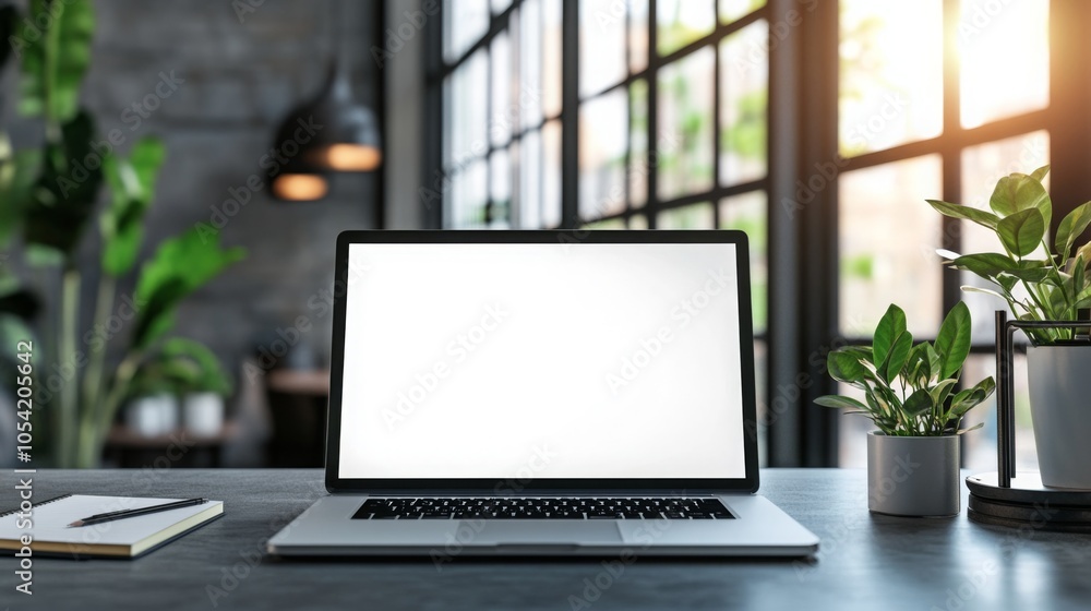Leinwandbilder a well-lit workspace features an empty laptop screen, surrounded by vibrant green plants. large wind