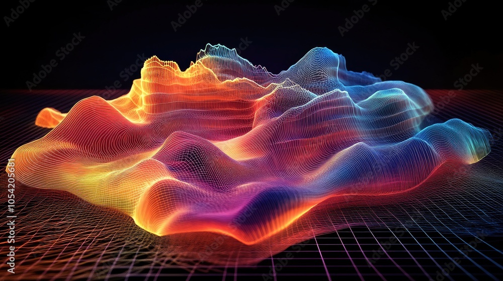 Poster vibrant 3d waveform visualization in spectrum of colors