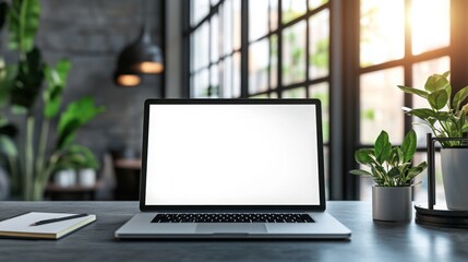 Fototapeta premium A well-lit workspace features an empty laptop screen, surrounded by vibrant green plants. Large windows allow warm sunlight to fill the area, creating a tranquil setting for productivity.