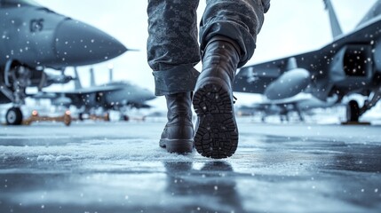 close-up shot following a pilot's military boots walking across a concrete hangar floor, with two rows of fighter jets aligned in the background