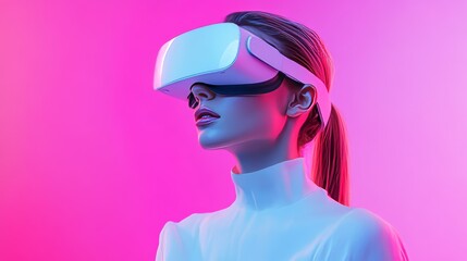 caucasian beautifull female wearing white VR glasses