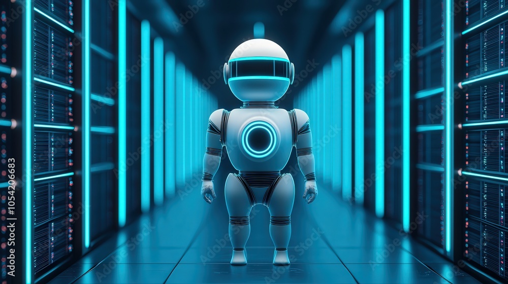 Poster futuristic robot in a high-tech data center surrounded by digital servers and neon lights