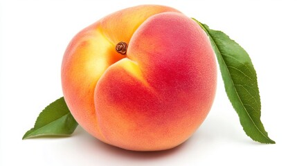 A ripe whole peach with a green leaf rests isolated on a white background lacking any shadows. The full depth of field allows for a clear and comprehensive view of the fruit. 