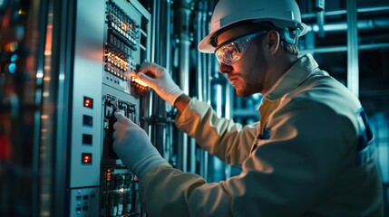 an engineer checking a electric security panel f of a pipeline plant of a food farm