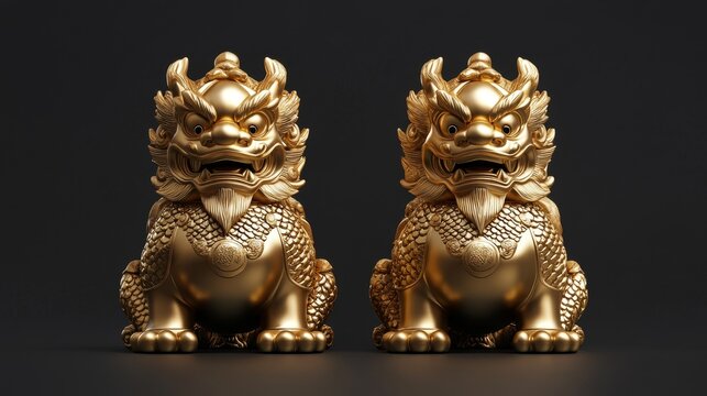Two golden guardian lion statues, intricately designed, exude majesty and protection with fierce expressions