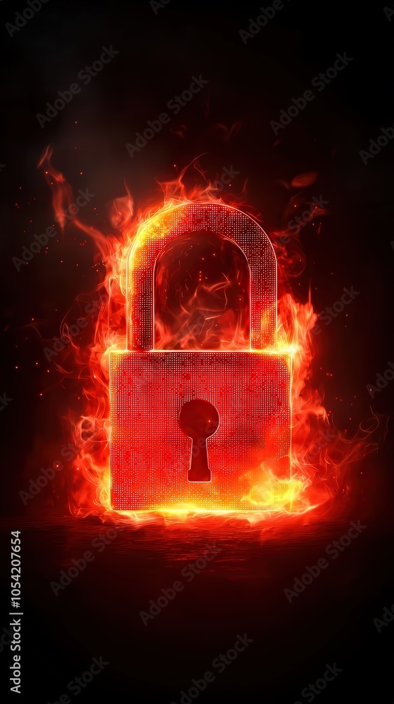 Poster fiery lock symbolizing security the intersection of technology and protection in a digital world