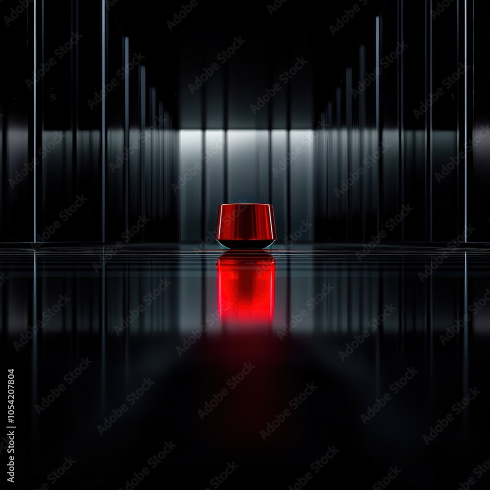 Aufkleber mysterious red object in a dimly lit corridor reflecting light and shadows