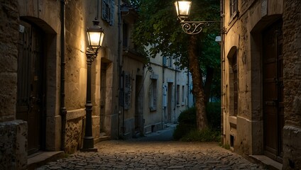 Fototapeta premium Old streetlamp lighting a path in France.
