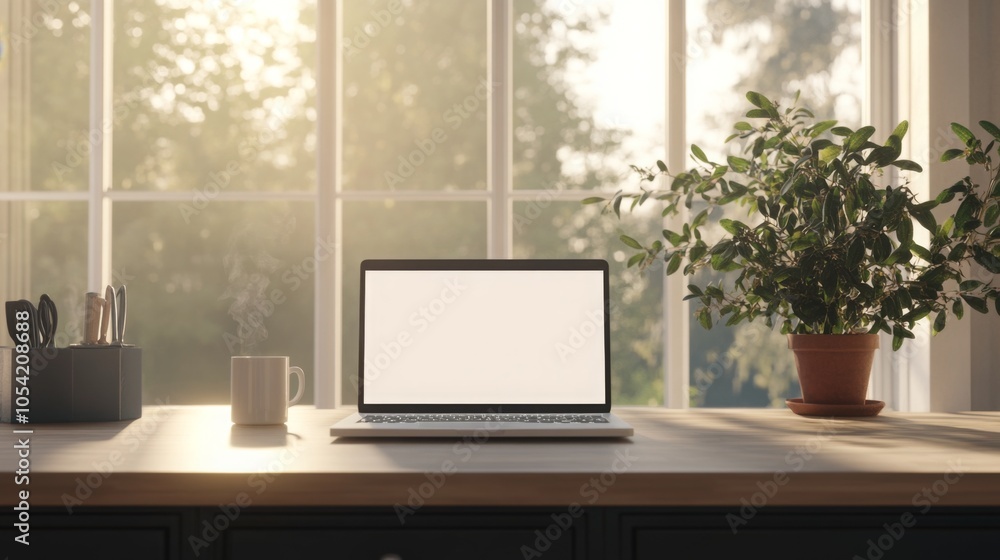 Fototapete a tidy desk features an open laptop, a coffee cup, and a small potted plant beside a large window. s
