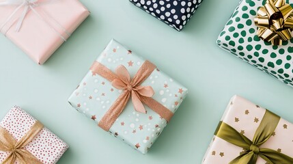 Obraz premium Colorful Gift Wraps Spread Across a Soft Mint Green Surface for Festive Celebrations