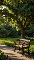 Fototapeta premium Park bench surrounded by greenery.