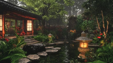 Obraz premium A traditional Japanese garden with stone lanterns, a small pond, and lush greenery