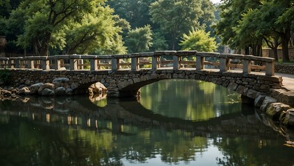 Fototapeta premium Peaceful waterway with traditional architecture and a stone bridge.