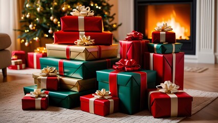Obraz premium Brightly wrapped Christmas presents in red and green sit neatly stacked beside a glowing fireplace. A beautifully decorated tree enhances the cheerful atmosphere of the cozy room