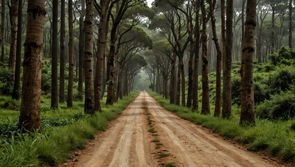 Obraz premium Picturesque dirt road flanked by greenery and tall trees in Serra da Bocaina.