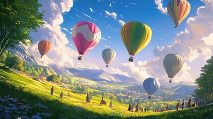 Fototapeta premium A vibrant scene of hot air balloons filling the sky over a green field, people watching from below