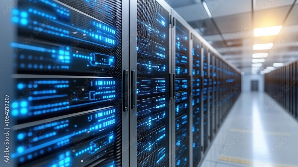 Poster a modern data center showcasing rows of servers with vibrant blue lights, representing advanced tech