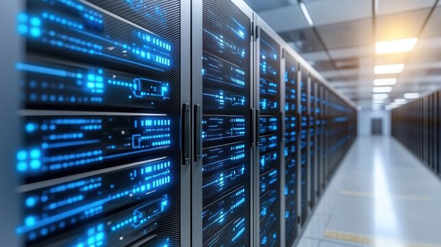 A modern data center showcasing rows of servers with vibrant blue lights, representing advanced technology and storage solutions.