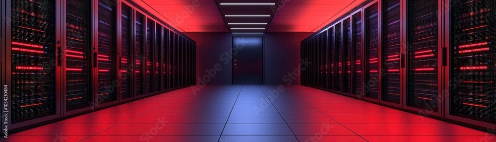 Poster a modern data center with illuminated server racks, showcasing a vibrant, futuristic atmosphere and 