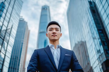 Fototapeta premium rich Chinese young man in full height in an expensive suit against the background of blurry skyscrapers