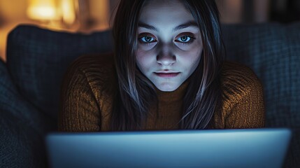 woman with cyan eyes, sitting on the sofa in the living room with the laptop on her lap