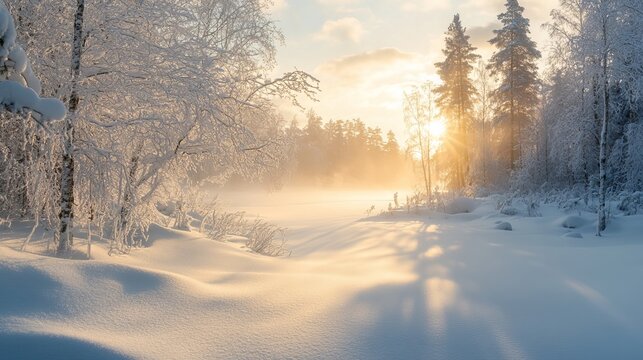 A winter wonderland unfolds in Finland, where a serene snow-covered landscape meets a swirling blizzard. The cold and sunny day illuminates the pristine white surface