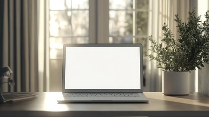 Fototapeta premium A clean and minimalist workspace highlights a blank laptop on a wooden desk, accompanied by a small potted plant.