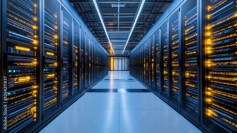 Poster a modern server room featuring rows of high-performance servers with glowing lights and a sleek, org