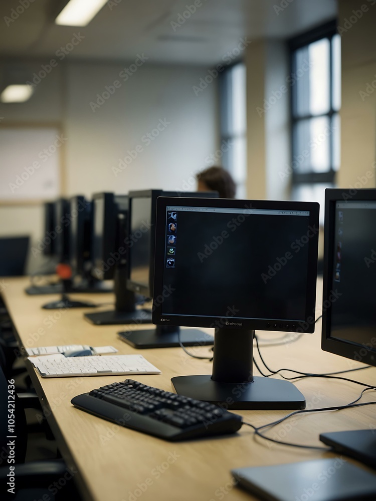 Poster row of computer monitors in an office