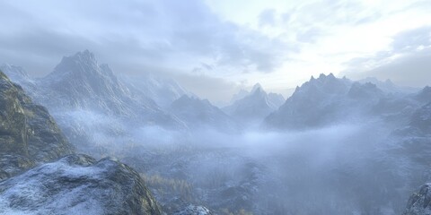 Majestic Misty Mountain Range - A Breathtaking Winter Landscape