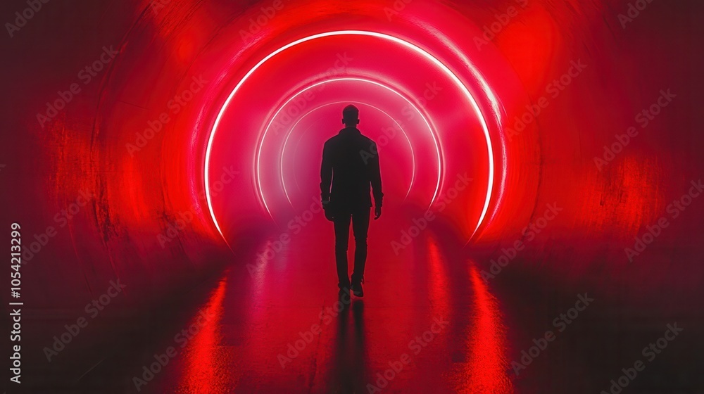 Poster a mysterious figure walks through an illuminated tunnel, surrounded by vibrant red lights, creating 