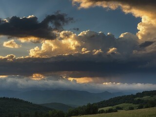 Obraz premium Dramatic Sunset Over Rolling Hills and Mountains