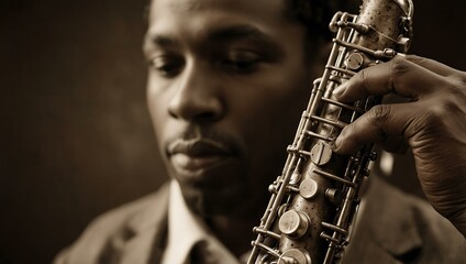 Naklejka premium Sepia-toned image of a musician playing saxophone, focusing on hands and instrument.