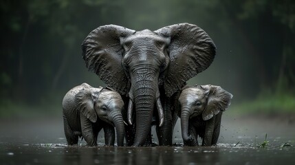 Fototapeta premium A Mother Elephant and Her Two Calves in a Mist-Filled Forest Stream