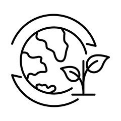 Sustainability icon. Globe with plant, representing sustainable practices. Ideal for environmental campaigns on a transparent background.Black outline style. 