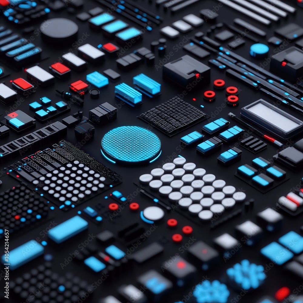 Poster exploring the dynamic composition of technological elements in modern design with vibrant colors