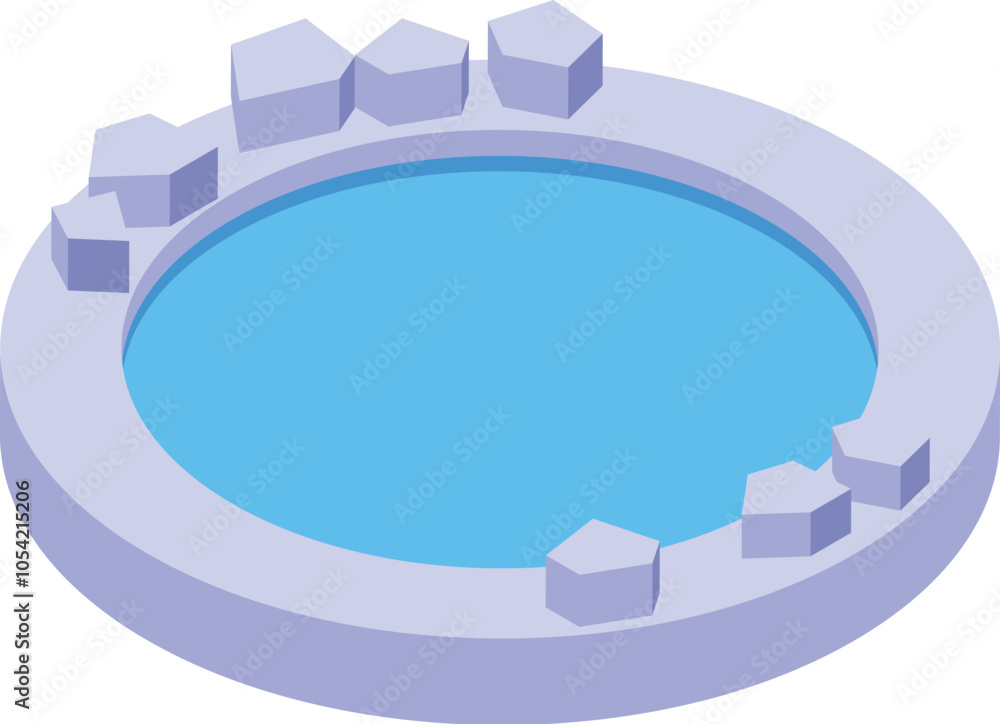 Poster refreshing isometric circular pool surrounded by ice cubes, creating a cool summer scene