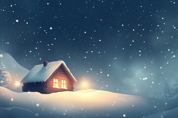 Naklejka premium Cozy snowy cabin night scene with glowing windows