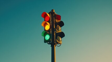 Vibrant Traffic Light Against Clear Blue Sky