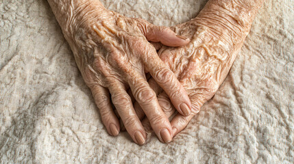 Fototapeta premium Elderly hands resting on a cloth surface