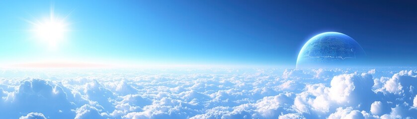 Fototapeta premium A serene landscape of clouds under a vibrant blue sky with a distant planet and radiant sun, evoking a sense of peace and wonder.