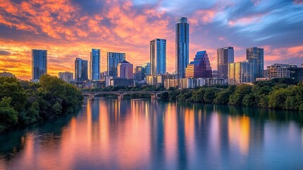 Fototapeta premium City's towering skyscrapers line the River under a summer sunset. This business district showcases the city's modern architectural marvels against the backdrop of a vibrant evening sky. 