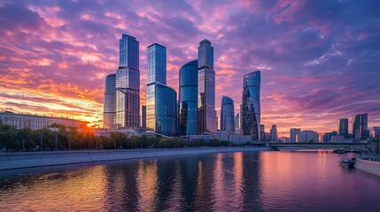 Fototapeta premium City's towering skyscrapers line the River under a summer sunset. This business district showcases the city's modern architectural marvels against the backdrop of a vibrant evening sky. 